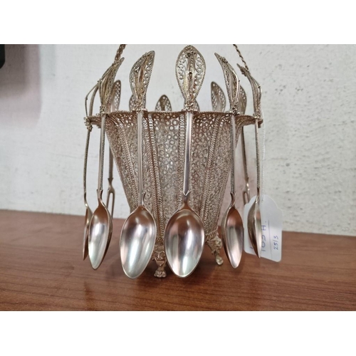 103A - Lefkara Style Silver Filigree Basket, Curved Handle with Hanging Ball, Together with 6 x Matching Fo... 