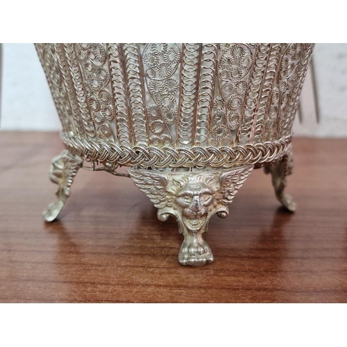 103A - Lefkara Style Silver Filigree Basket, Curved Handle with Hanging Ball, Together with 6 x Matching Fo... 