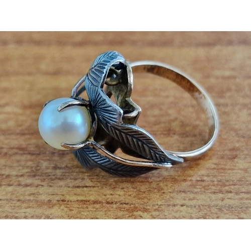 208 - Vintage Hand Craft Ring, 9ct Gold with Leaf Decoration and Centre Pearl Effect, Size L/M, Total Weig... 