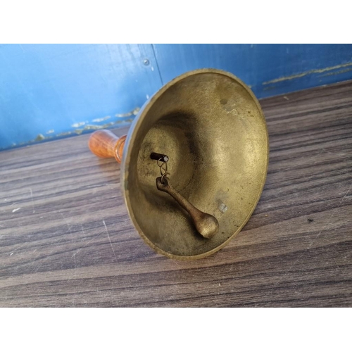 11A - Vintage Brass School Bell with Wooden Handle, (Approx. H: 25cm)