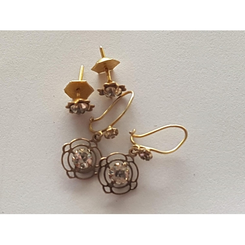 12 - 2 x Pair of 9ct Yellow Gold Dangling Earrings with Large Clear Stone and Pair of Stud Earrings in Fl... 