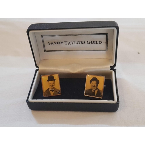 236 - Pair of Vintage Laurel and Hardy Cufflinks Together with Black Leather Men's Wallet and Cards Holder