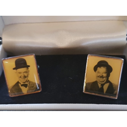 236 - Pair of Vintage Laurel and Hardy Cufflinks Together with Black Leather Men's Wallet and Cards Holder