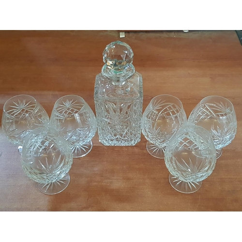 354 - Square Whisky / Brandy Crystal Decanter Together with Matching Set of 6 x Hand Cut Lead Crystal Glas... 