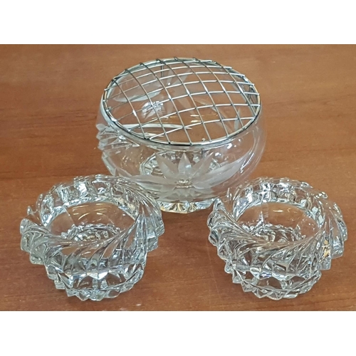 355 - Large Crystal Rose Bowl Together with Pair of Glass Candle Holder (3)