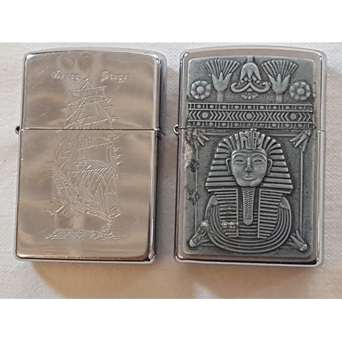 89 - 2 x Original, Made in USA Zippo Lighters with Egyptian Pattern and Sailing Ship George Stage Engrave... 