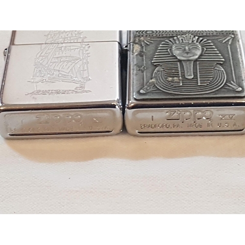 89 - 2 x Original, Made in USA Zippo Lighters with Egyptian Pattern and Sailing Ship George Stage Engrave... 