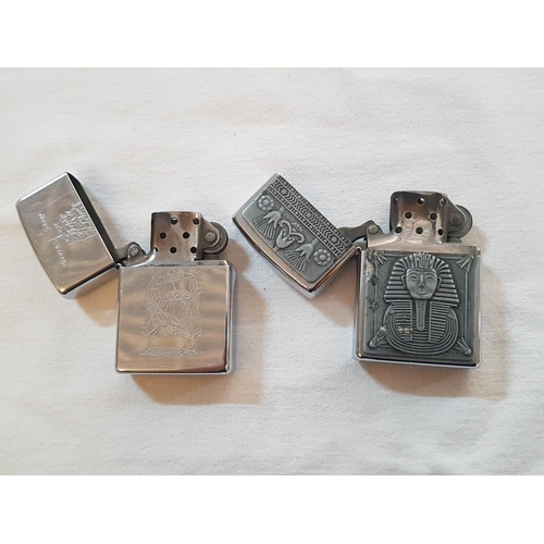 89 - 2 x Original, Made in USA Zippo Lighters with Egyptian Pattern and Sailing Ship George Stage Engrave... 