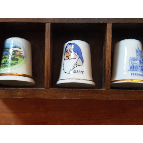 304 - Collection of 15 x Porcelain Thimbles Together with Wooden Display Stand (10.5 x 23 x 2.5cm)