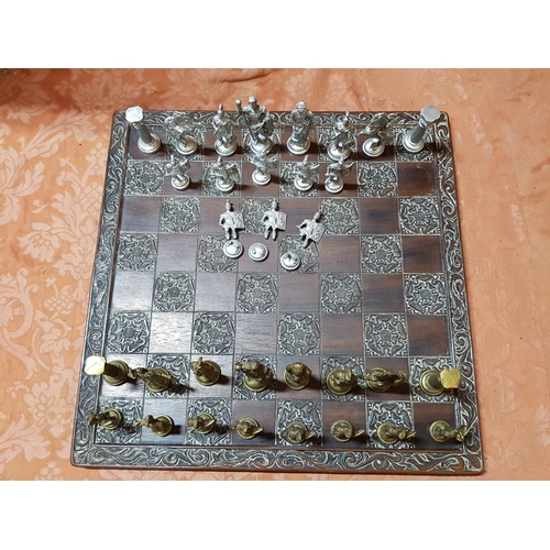 173 - Yorkshire Rosewood Chess Board (45 x 45cm) with Set of Metal Chess Pieces in Gold and Silver Colour ... 