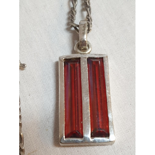 295 - Sterling Silver Hallmarked .925 Pendant Necklace with Long Orange Cut Stone Rectangular Shape on Sil... 