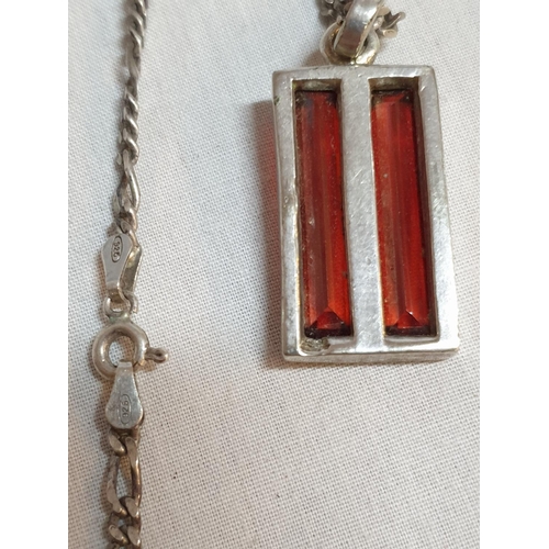 295 - Sterling Silver Hallmarked .925 Pendant Necklace with Long Orange Cut Stone Rectangular Shape on Sil... 