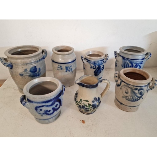 138 - Collection of 7 x Vintage German Stoneware Pots & Jug in Blue & White Decoration, (Tallest Approx. 2... 