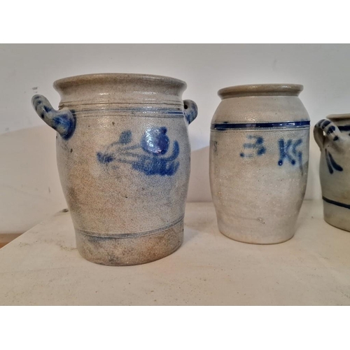 138 - Collection of 7 x Vintage German Stoneware Pots & Jug in Blue & White Decoration, (Tallest Approx. 2... 