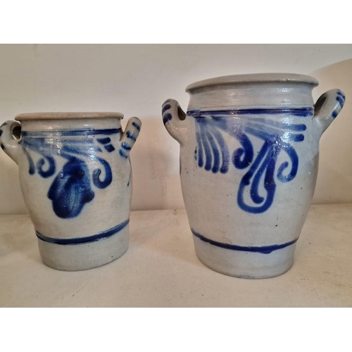 138 - Collection of 7 x Vintage German Stoneware Pots & Jug in Blue & White Decoration, (Tallest Approx. 2... 