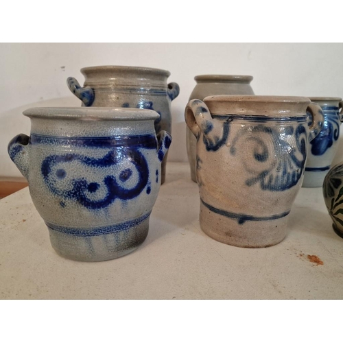 138 - Collection of 7 x Vintage German Stoneware Pots & Jug in Blue & White Decoration, (Tallest Approx. 2... 