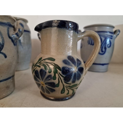 138 - Collection of 7 x Vintage German Stoneware Pots & Jug in Blue & White Decoration, (Tallest Approx. 2... 