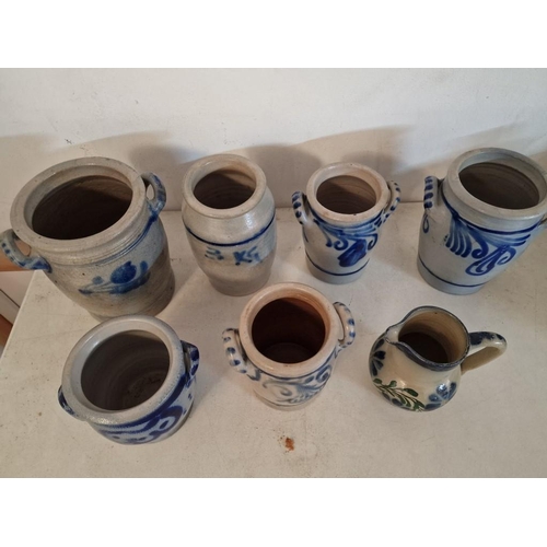 138 - Collection of 7 x Vintage German Stoneware Pots & Jug in Blue & White Decoration, (Tallest Approx. 2... 