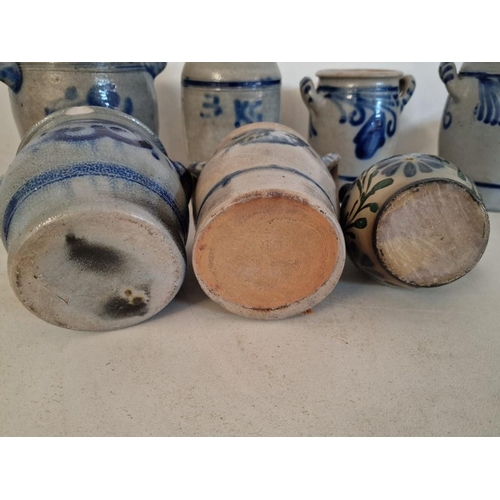 138 - Collection of 7 x Vintage German Stoneware Pots & Jug in Blue & White Decoration, (Tallest Approx. 2... 