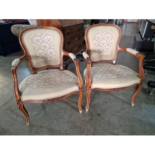 143 - Pair of Vintage Carved Wood Arm Chairs with Embroidered Padded Seat, Back Rest and Arm Rests over Ca... 