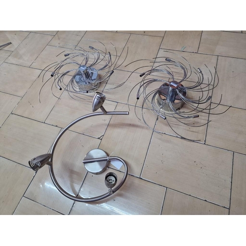 144 - Pair of Modern Chrome Ceiling Lights with Spiral Effect Wire, Together with Modern 3-Spot Ceiling Li... 