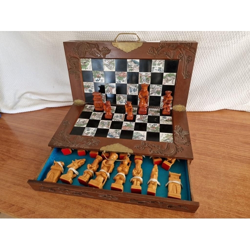 123 - Vintage Carved Wood Folding Chess Board with Oriental Theme Tiles / Squares and Set of Carved Wood P... 