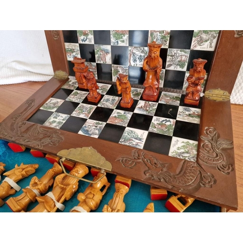 123 - Vintage Carved Wood Folding Chess Board with Oriental Theme Tiles / Squares and Set of Carved Wood P... 