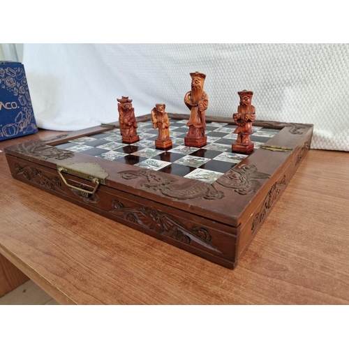 123 - Vintage Carved Wood Folding Chess Board with Oriental Theme Tiles / Squares and Set of Carved Wood P... 