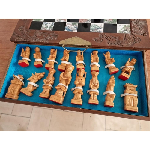 123 - Vintage Carved Wood Folding Chess Board with Oriental Theme Tiles / Squares and Set of Carved Wood P... 