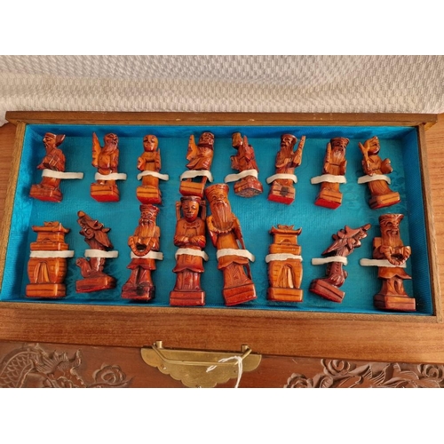 123 - Vintage Carved Wood Folding Chess Board with Oriental Theme Tiles / Squares and Set of Carved Wood P... 