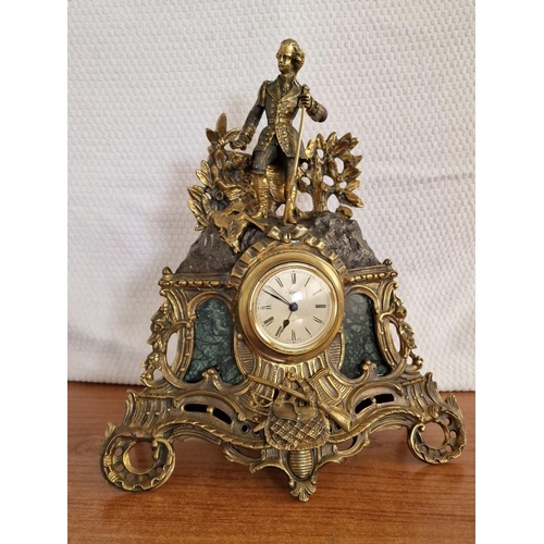 129 - Decorative Solid Brass Mantel Clock with Rifleman Figure on Top and Crossed Sword and Rifle Decorati... 