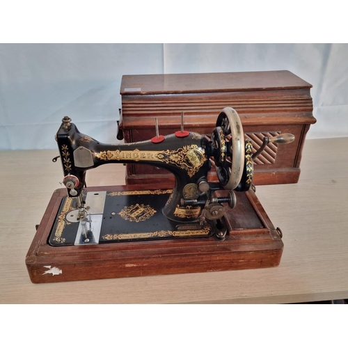 153 - Antique Cast Iron Singer Sewing Machine in Wooden Case, Manual Wind, Decorative Body, Serial Number ... 