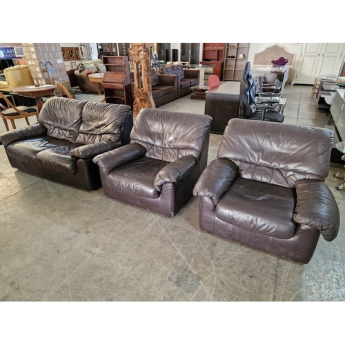 157 - Brown Leather 3-Piece Suite, of 2-Seater Sofas and Pair of Matching Armchairs, (3)