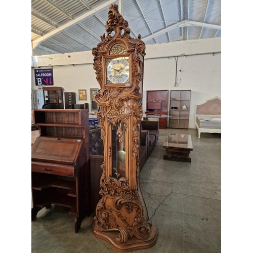 160 - Italian Rococo Grandfather Clock Carved from Limewood with a Kieninger German Mechanical 3-Weight Mo... 