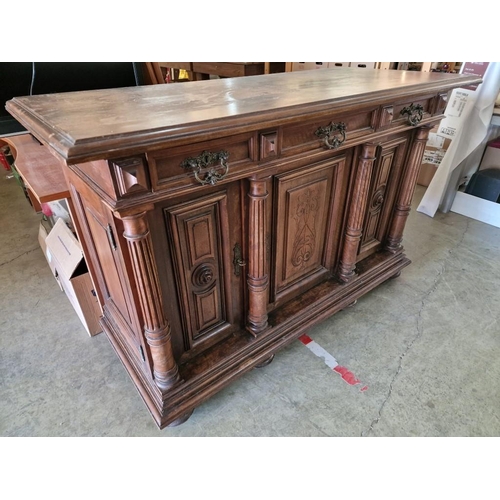 115 - Antique Swiss Oak Sideboard / Buffet Unit with 3-Drawers Over 3-Cupboards with Carved Panels and Bun... 