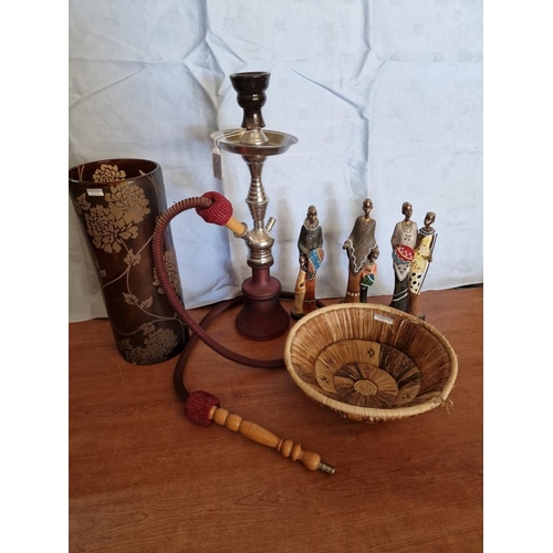 162 - Shisha Pipe, Glass Vase, 3 x African Ornaments and Woven Bowl (6)