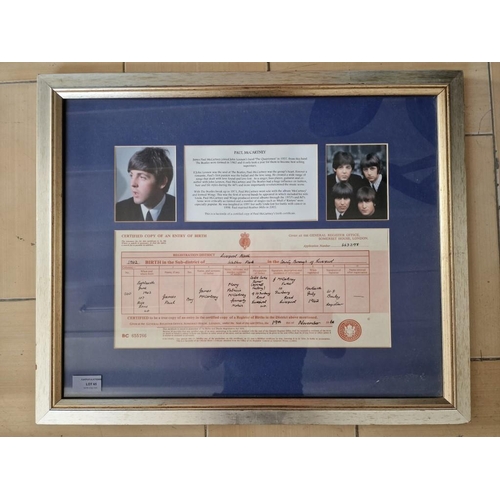 65 - Framed Facsimile Copy of Certified Copy of Paul McCartney's Birth Certificate, Together with 2 x Pic... 