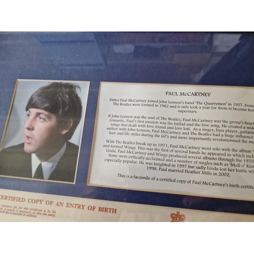 65 - Framed Facsimile Copy of Certified Copy of Paul McCartney's Birth Certificate, Together with 2 x Pic... 