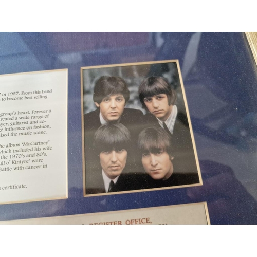 65 - Framed Facsimile Copy of Certified Copy of Paul McCartney's Birth Certificate, Together with 2 x Pic... 