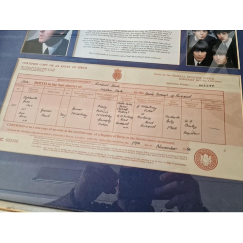 65 - Framed Facsimile Copy of Certified Copy of Paul McCartney's Birth Certificate, Together with 2 x Pic... 