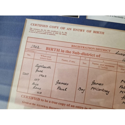 65 - Framed Facsimile Copy of Certified Copy of Paul McCartney's Birth Certificate, Together with 2 x Pic... 