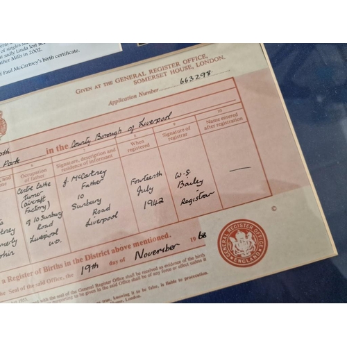 65 - Framed Facsimile Copy of Certified Copy of Paul McCartney's Birth Certificate, Together with 2 x Pic... 