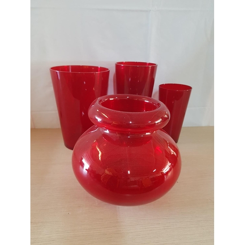 120 - Red Glass Collection 4 x Different Red Glass Vases (Ø20cm x H:28cm, Ø15cm x H:30cm, Ø12cm x H:22cm, ... 