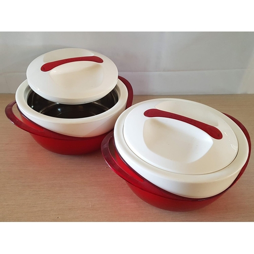 170 - Set of 2 x Red and White Thermal Hot / Gold Serving Bowls with Lids