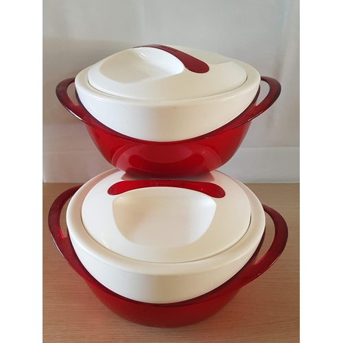 170 - Set of 2 x Red and White Thermal Hot / Gold Serving Bowls with Lids