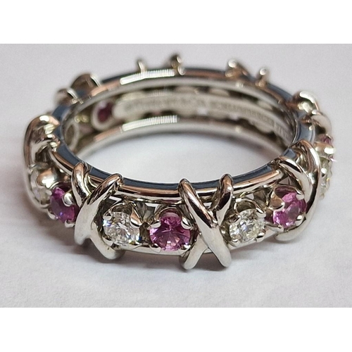 116 - Tiffany & Co Schlumberger Eighteen Stone Platinum, Diamond and Pink Sapphire Ring; Designed by Jean ... 