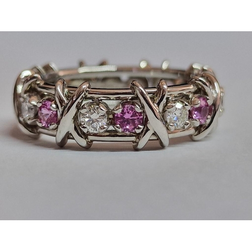 116 - Tiffany & Co Schlumberger Eighteen Stone Platinum, Diamond and Pink Sapphire Ring; Designed by Jean ... 