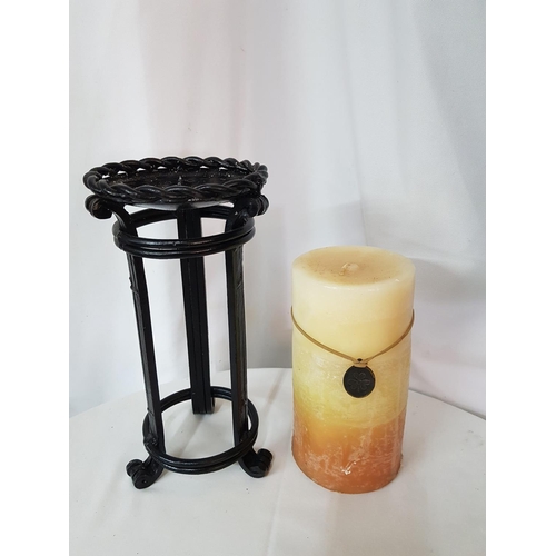 717 - Heavy Metal (Black Finished) Candle Holder (H:27cm) Together with Large (H:18cm x Ø10cm) Candle and ... 