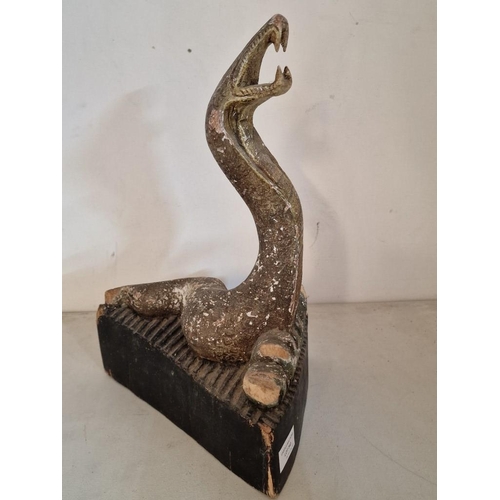 720 - Carved Wood Statue of Cobra, Raised to Strike with Open Mouth & Fangs, on Triangular / Wedge Shape B... 