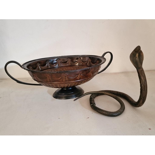 721 - Decorative Metal Twin Handle Bowl (Approx. 44 x 26 x 17cm), Together with Metal Snake Ornament, (App... 